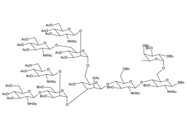 946076-10-4 , Benzyl 2-acetamido-4-O-{2-acetamido-4-O-[[2,4-Di-O-acetyl-3-O-[2,4-di-O-(2-acetamido-3,4,6-tri-O-acetyl-2-deoxy-b-D-glucopyranosyl)-3,6-di-O-benzyl-a-D-mannopyranosyl]-6-O-[3,4-di-O-acet